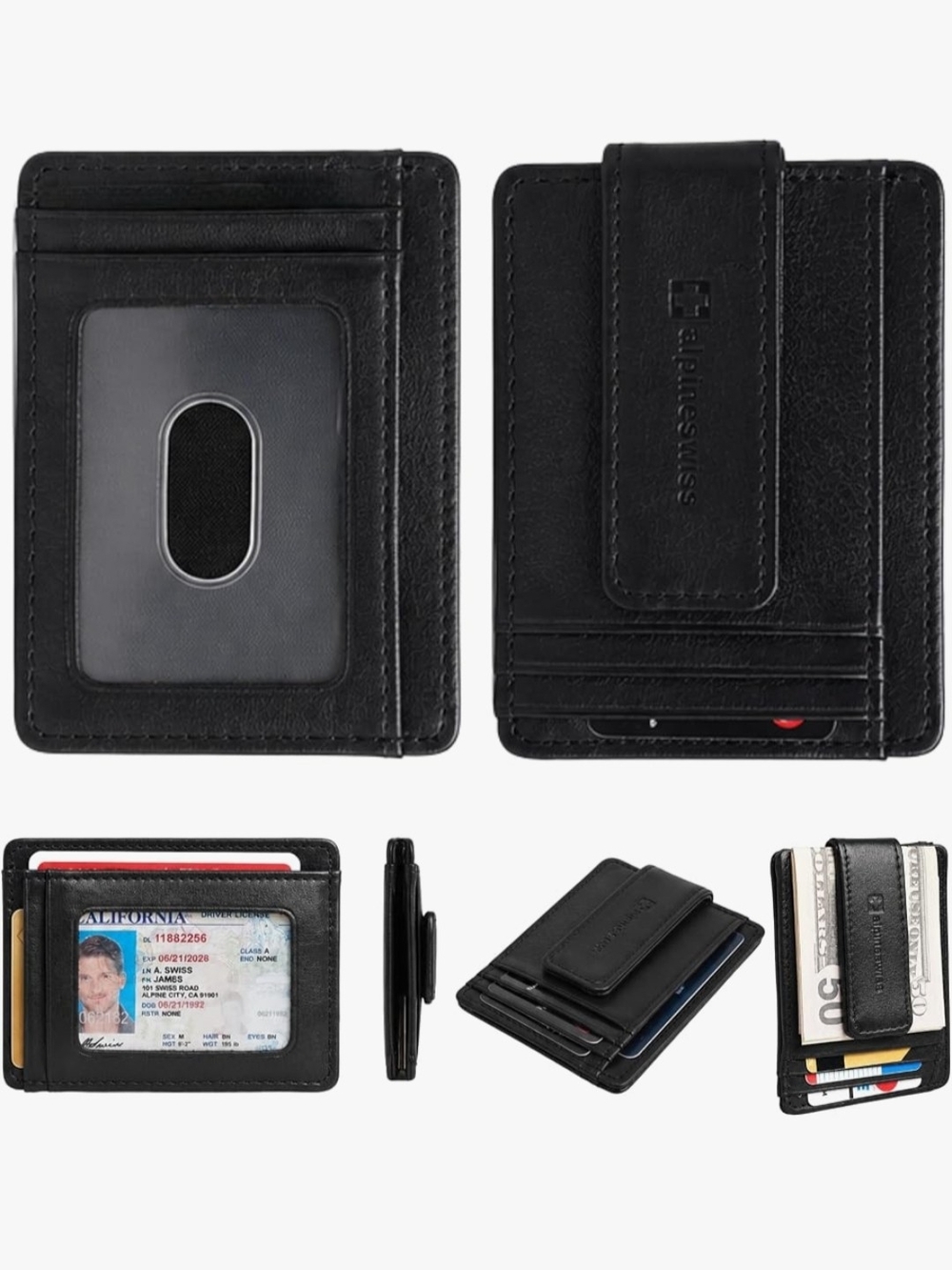 Alpine Swiss Black RFID-Blocking Slim Leather Card Wallet with Money Clip